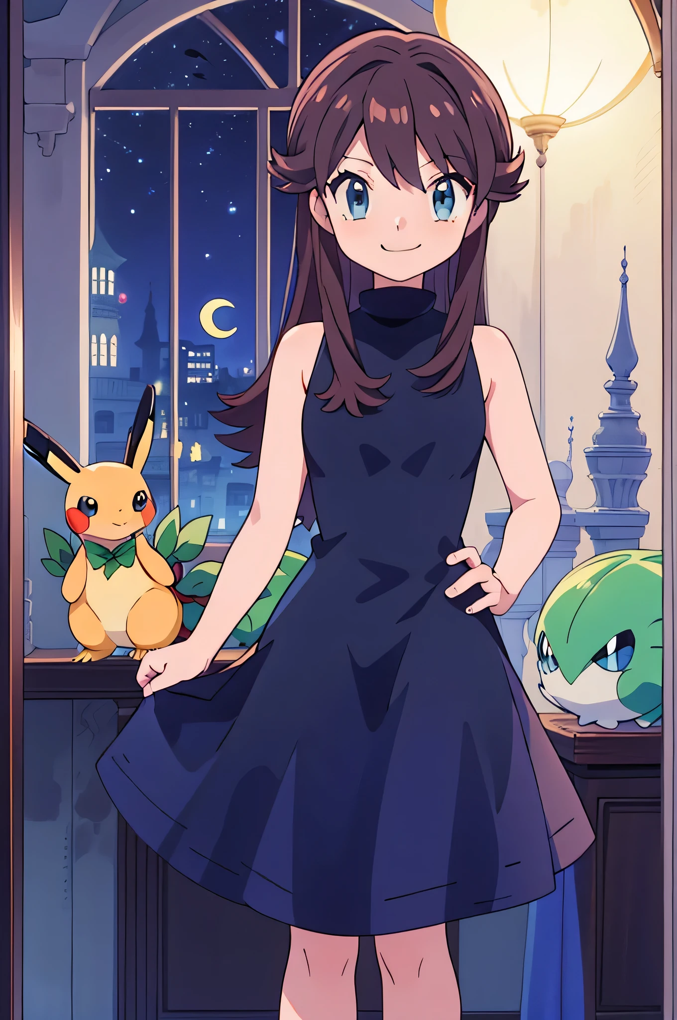 (masterpiece, best quality), intricate details, 1girl, green (pokemon), brown hair, blue eyes, looking at viewers, standing up straight, sleeveless black skin tight dress, smile, indoor bedroom, pokemovies, window at night, a crescent moon