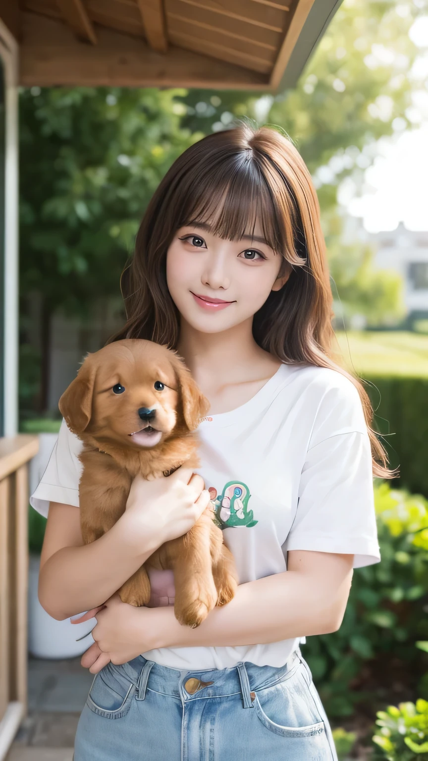 (masterpiece:1.2,Highest quality),Blur the background,1 female college student,((Cute casual clothes)),((Holding a puppy)),Wavy Hair,((Beautiful Eyes)),Blushed,Healthy Skin,(smile),garden,8k resolution
