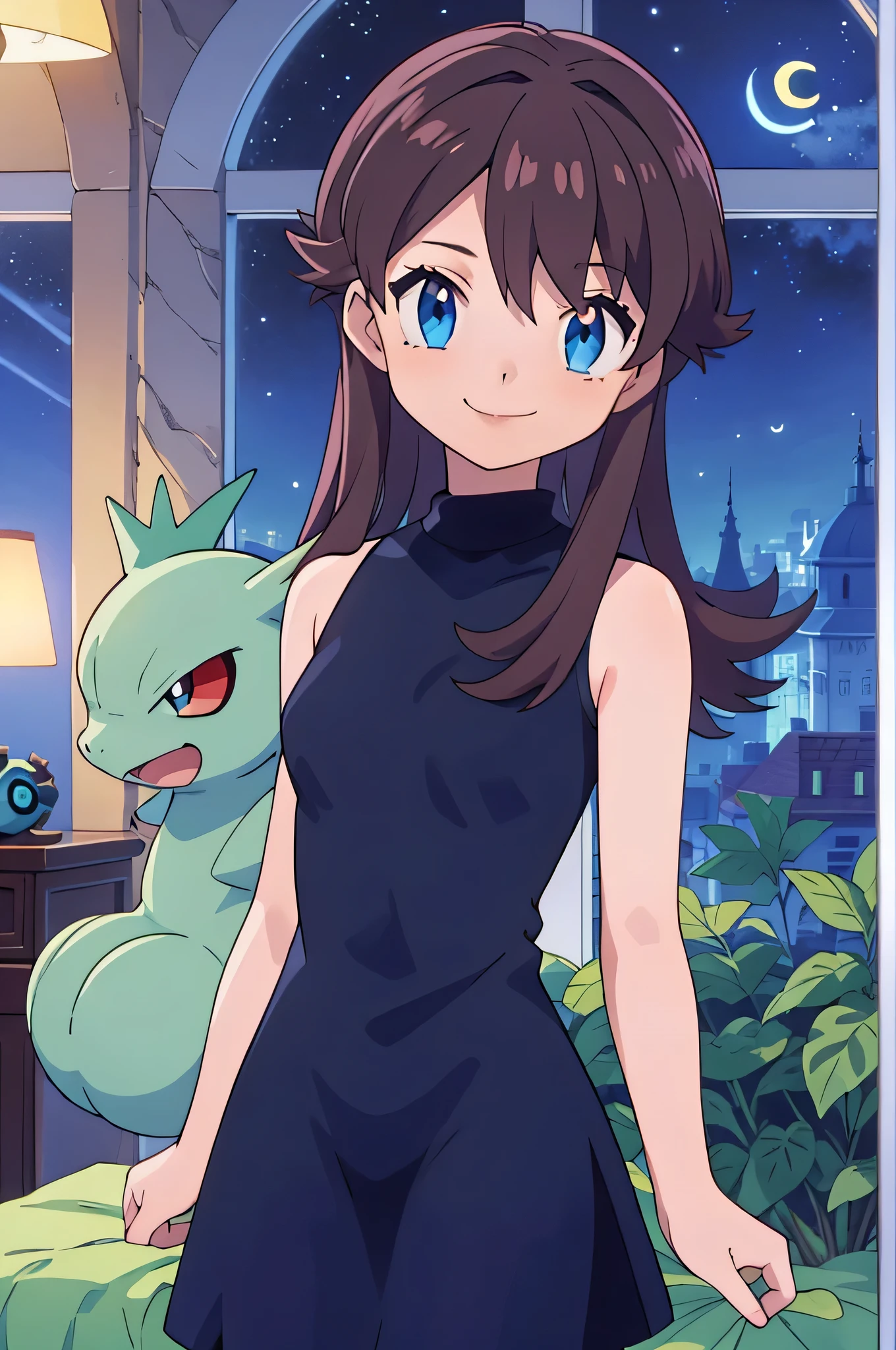 (masterpiece, best quality), intricate details, 1girl, green (pokemon), brown hair, blue eyes, looking at viewers, standing up straight, sleeveless black skin tight dress, smile, indoor bedroom, pokemovies, window at night, a crescent moon