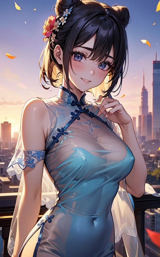 top-quality, high resolution, super precision, masterpiece, ８K, (((extra detailed face))), Fateful meeting, (Composition seen from an oblique front), (((Daytime cityscape))), (Downtown Japan), (Petals are fluttering), (Crowds), kawaii,  ((Bun hair)), (Floral hair ornament), ((Bright smile)), red blush, Sareme, (((big light in my eyes))), Eyes sparkle, Wet eyes, Colorful, Fine skin, (((beautiful blue sheer see-through cheongsam))), (delicate flower embroidery), off shoulders, Beautie, Refers to 5、