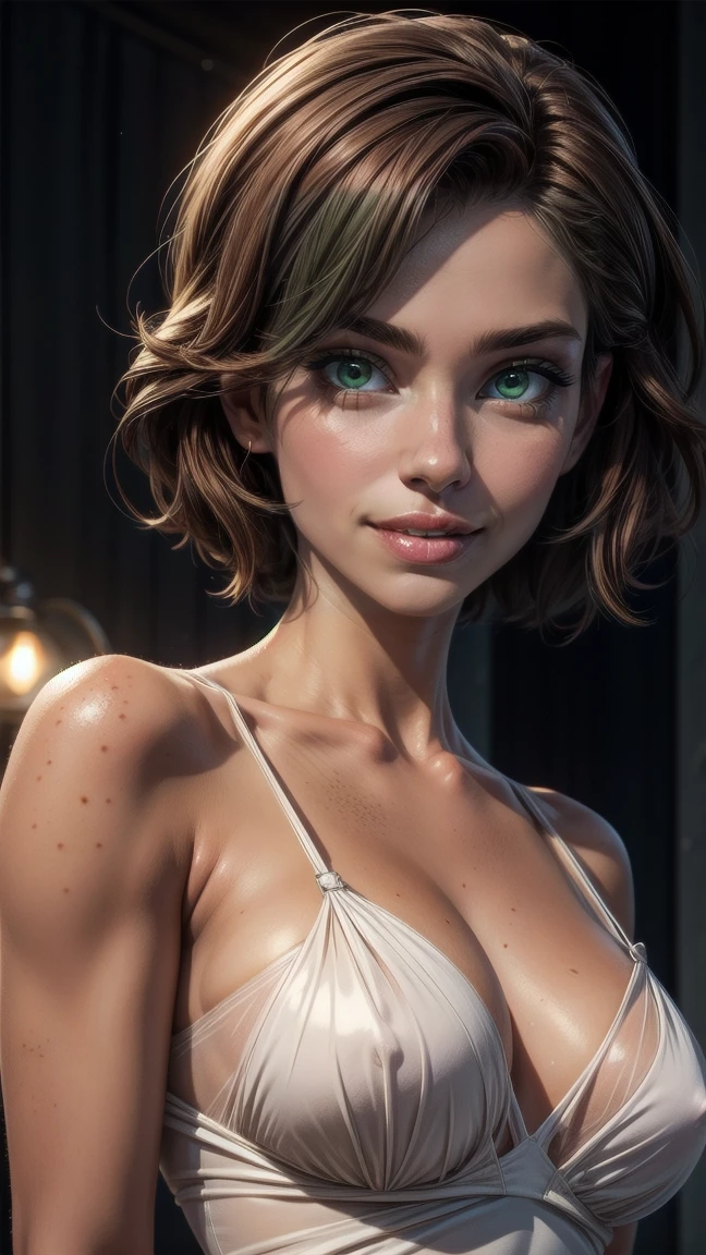 (UHigh definition, retina, work of art, precise, anatomically correcte, texturized skin, super detaill, High details, high qualiy, best qualityer, high resolution, 1080P, High definition, 4K, 8k, 16K), (beautiful detailed blue eyes, beautiful detailed lips, extremely detailed eye and face), studio lighting, Physically based rendering, bright coloured, (big and sexy breasts, Glamorous body), (see through the dress), (portraite, sidecut, shiny hair, shining skin, blush), (bokeh), eye reflection,, dark atmospher, high detailed skin texture, extremely details, perfect chest, dark tanned skin, freckles,, ultra detailed skin texture, gentle lights,pale skin, cups