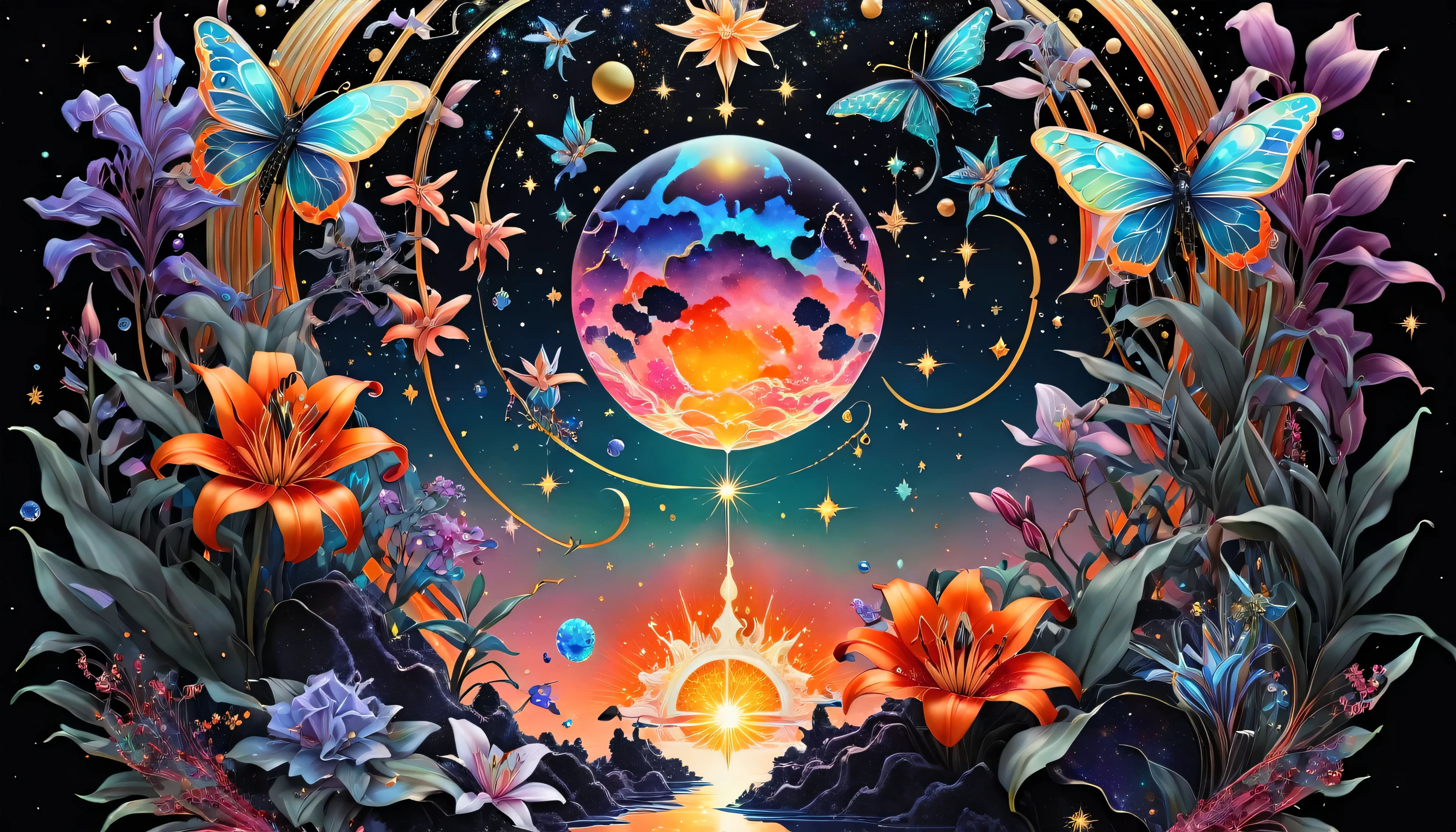 a deep black cosmic backdropStars Planets Suns and Moons Colorful Paint Splash Cute glitter vector graphic design featuring intricate and complex symbols with the ethereal beauty of a celestial palace known as the Galactic Citadel, bathed in brilliant light.The Neon Bioluminescent colors Cosmic Black, icy Red,14 kt solid Gold color. Create a fusion of These symbols,Fiery pink roses, bioluminescent neon blue, orange green lilies, fiery bioluminescent Red rubies, purple and white diamonds with lots of violet sapphires and emeralds butterflies and bees--ar 16:9 --style raw --stylize 400 *