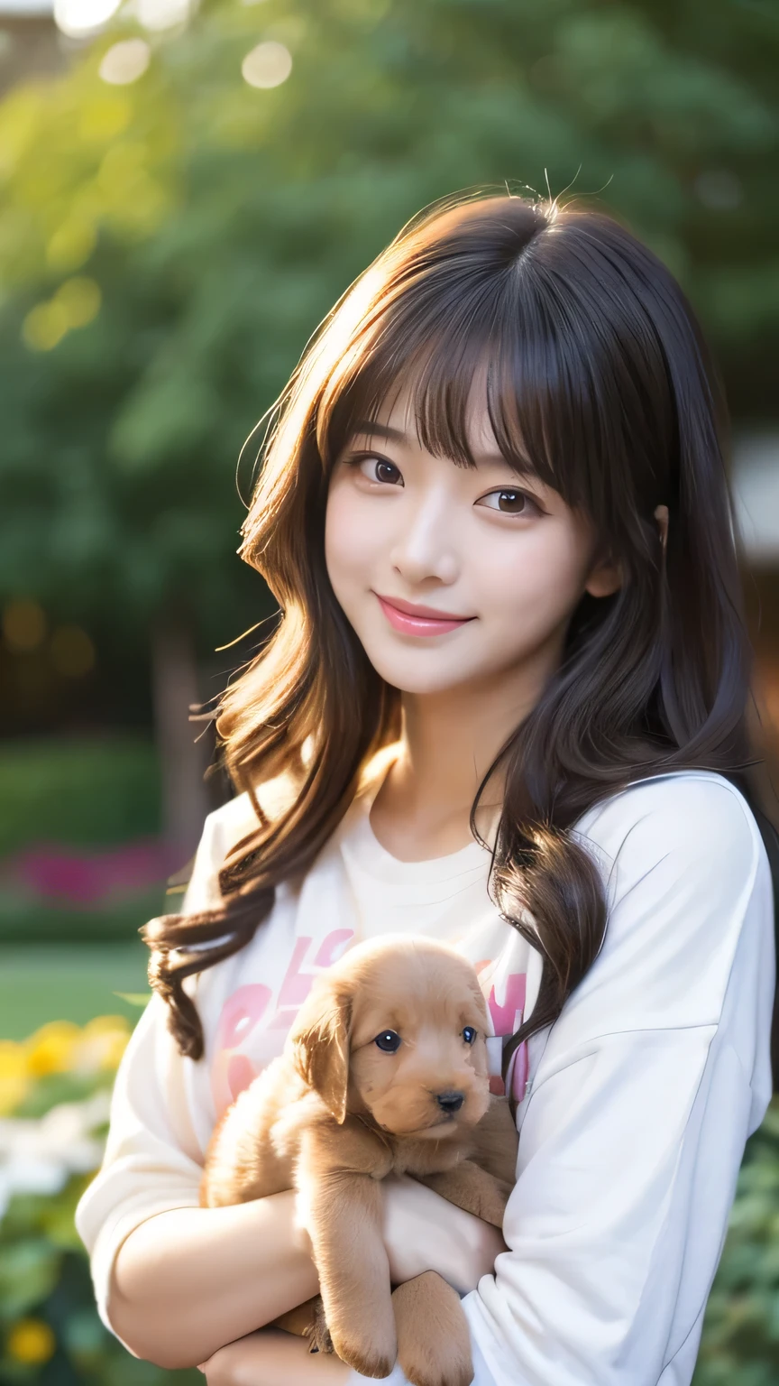 (masterpiece:1.2,Highest quality),Blur the background,1 female college student,((Cute casual clothes)),((Holding a puppy)),Wavy Hair,((Beautiful Eyes)),Blushed,Healthy Skin,(smile),garden,8k resolution