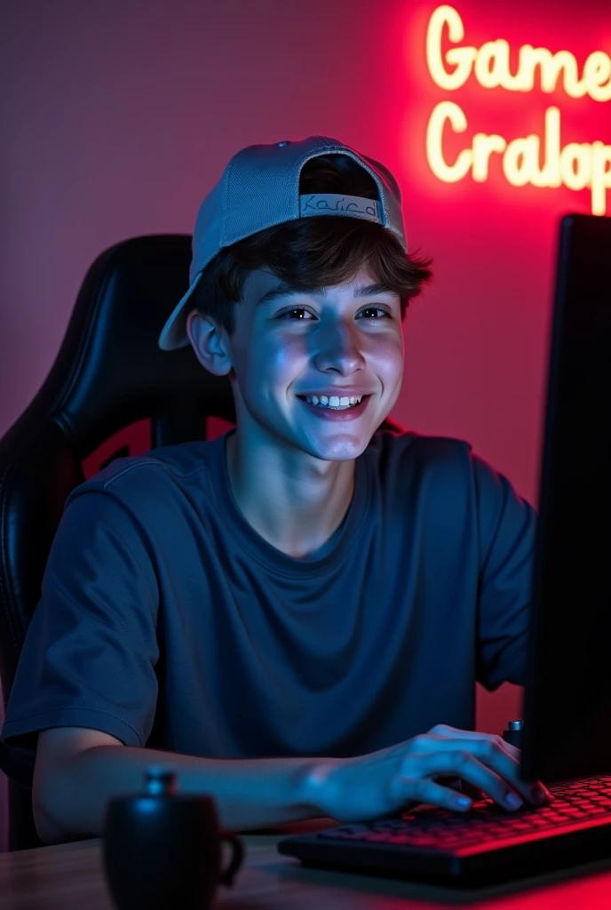 A young man with short hair and a light baseball cap is speaking into a microphone. He is seated in a gaming chair with a neutral background featuring a dimly lit room. Have a A neon sign . He appears engaged and relaxed.The character look front of the camara.