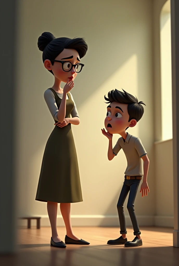 Thin woman, wearing glasses, with very short hair, rejecting a skinny younger boy with short hair and a silly face, who's crying. everything in the Pixar style