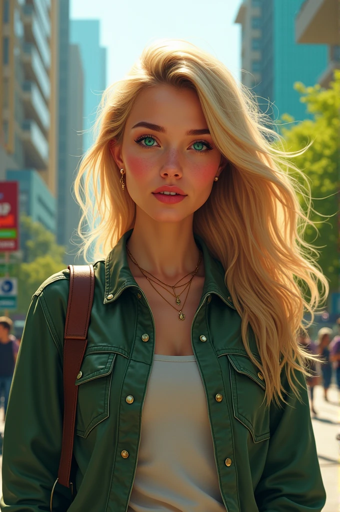 create a young blonde activist with blue and green eyes who lives in SP 