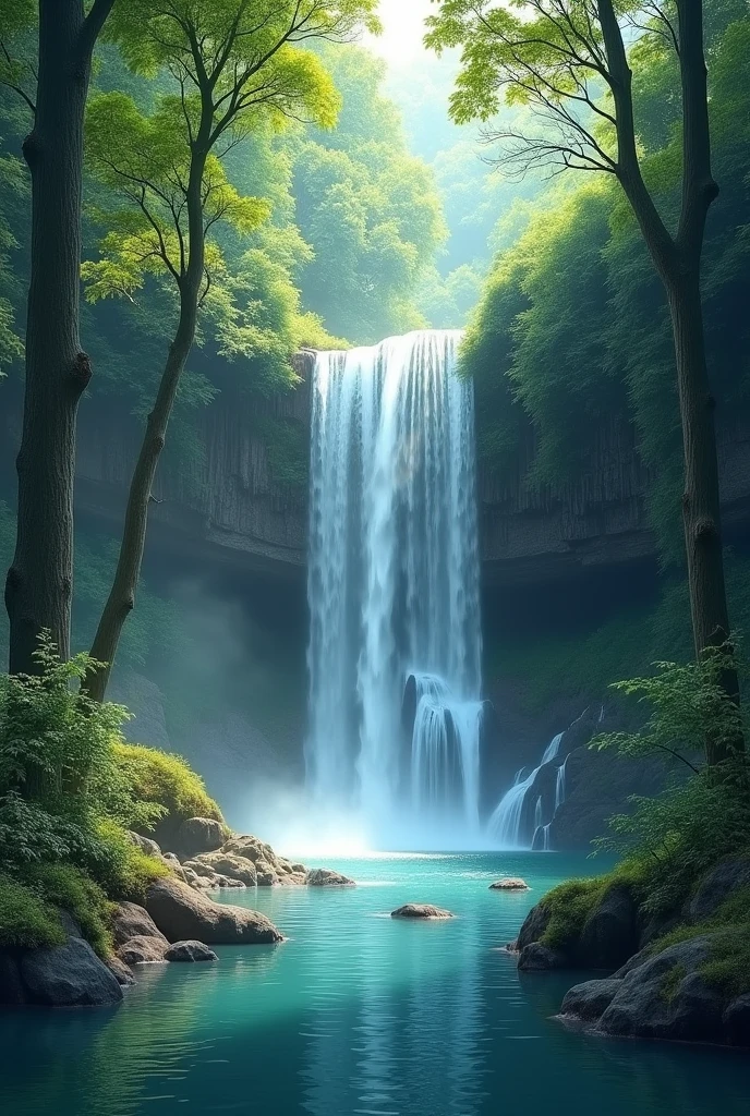 Library wallpaper with waterfalls