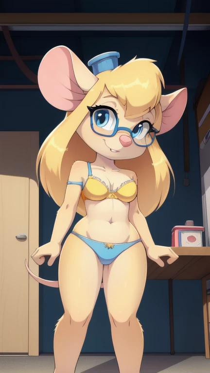 Score_9,score_8_up,score_7_up, source_cartoon, source_furry, Gadget Hackwrench, young, mouse, blonde hair, long hair, narrow eyes, blue eyes, pink nose, body hair, medium breasts, detailed body hair, detailed face, detailed eyes, shiny body, shiny body, beautiful body, masterpiece, high quality, ((glasses, yellow bra, one shoulder, sexy body, blue panties)), garage, skinny, :3, full body, three toed feet, 3 toes, short body, tiny body, cute, anime style, thicker lines, leaning on a table, low angle,