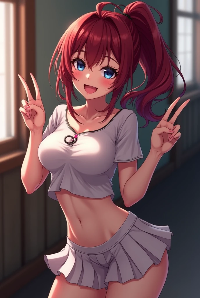 a cute anime school girl with big breasts, dark red hair in a ponytail, beautiful dark blue eyes, wearing a short pleated mini skirt, flashing her white panty, making a peace sign and smiling, intricate details, photorealistic, 8k, highly detailed, masterpiece, dramatic lighting, cinematic