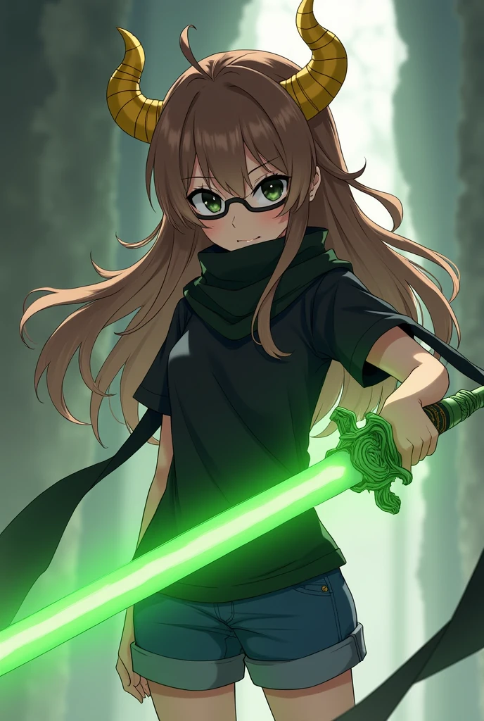 Female anime character with long brown hair, bangs, golden horns, black scarf, black shirt, blue shorts, green sword, black lens