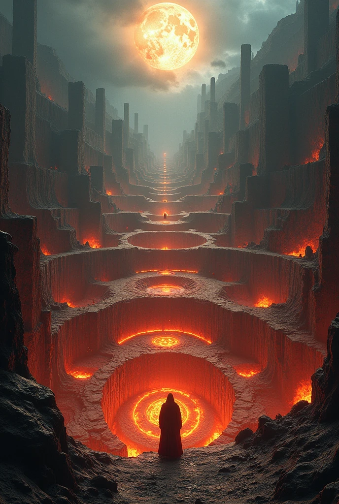 Overview of Dante's Circles of Hell.(Maximum quality), (masterpiece: 1,2), (Very detailed: 1,2), ultra high resolution, unprocessed color photography, 8k, panoramic photography, photography of vast landscapes, Realistic photos, Elaborated photos, Depth of written limit, sharp focus, Beautiful colors, Depth of written limit, wide light, low contrast, Backlight, sharp focus, vibrant colors, motion settings.