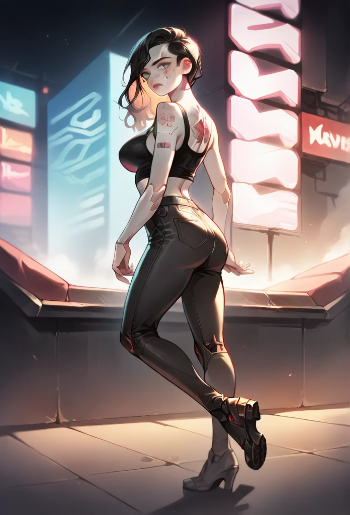 Show image from back .The tattoo is intricate.a cute girl with big breasts, Freckles, Black hair, Pale skin, Android, Detailed face, beautiful eyes, Full body, Long eyelashes, Detailed lips, intricate Android components, futuristic cyberpunk setting, Neon lights, Cinema lighting, Very detailed, 8 k, Realistic, Masterpiece, Vibrant colours, dynamic composition.Show from the back 