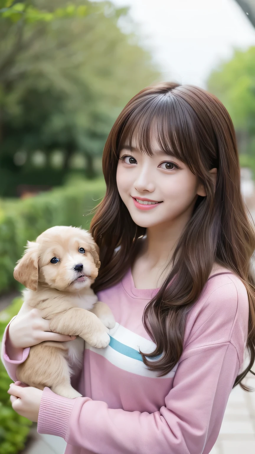 (masterpiece:1.2,Highest quality),Blur the background,1 female college student,((Cute casual clothes)),((Holding a puppy)),Wavy Hair,((Beautiful Eyes)),Blushed,Healthy Skin,(smile),garden,8k resolution