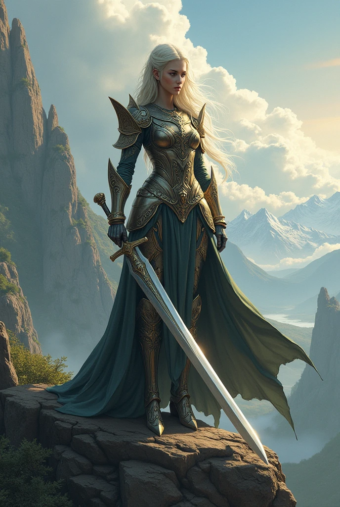 A breathtaking digital illustration of a fierce warrior queen, clad in intricate armor and wielding a majestic sword, standing atop a cliff overlooking a vast, fantastical landscape. Her regal posture and intense gaze command respect and admiration from all who behold her