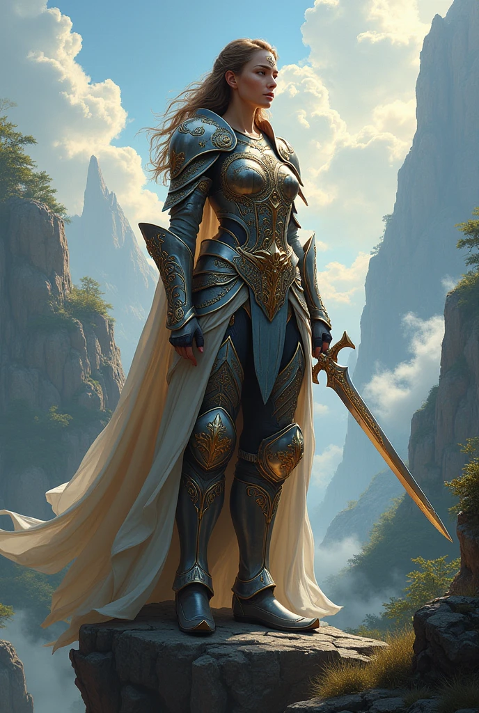 A breathtaking digital illustration of a fierce warrior queen, clad in intricate armor and wielding a majestic sword, standing atop a cliff overlooking a vast, fantastical landscape. Her regal posture and intense gaze command respect and admiration from all who behold her