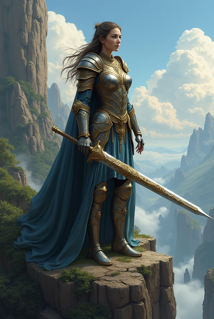A breathtaking digital illustration of a fierce warrior queen, clad in intricate armor and wielding a majestic sword, standing atop a cliff overlooking a vast, fantastical landscape. Her regal posture and intense gaze command respect and admiration from all who behold her