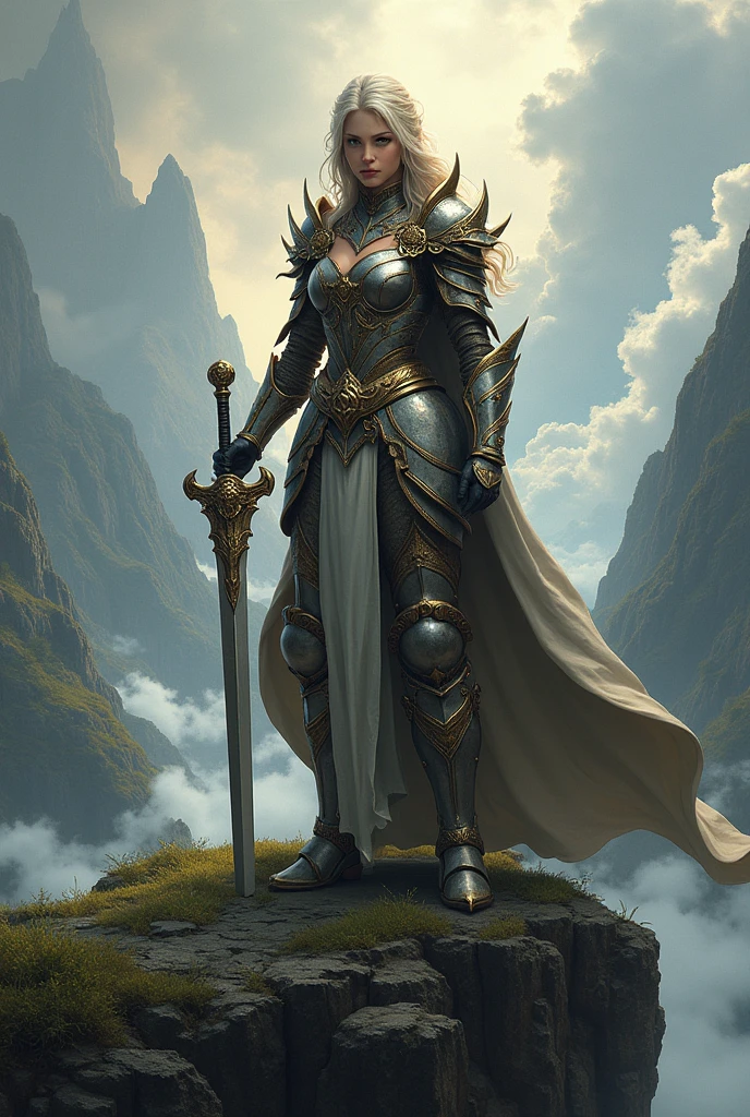 A breathtaking digital illustration of a fierce warrior queen, clad in intricate armor and wielding a majestic sword, standing atop a cliff overlooking a vast, fantastical landscape. Her regal posture and intense gaze command respect and admiration from all who behold her