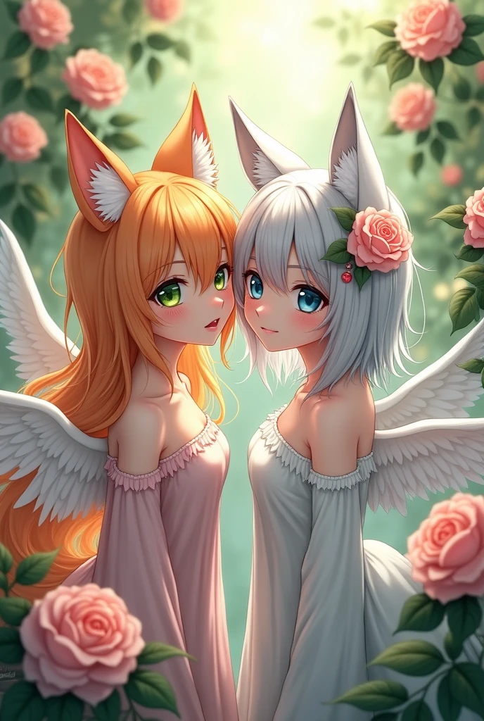 A female human with fox ears and a fox tail, with orange hair, green eyes, with white wings and a rose in their hair und ein Weiblicher Mensch mit Wolfohren und Wolfschwanz, with gray-white hair, blue eyes, with white wings and a rose in their hair, the Demis look very human and rose bushes are in the background