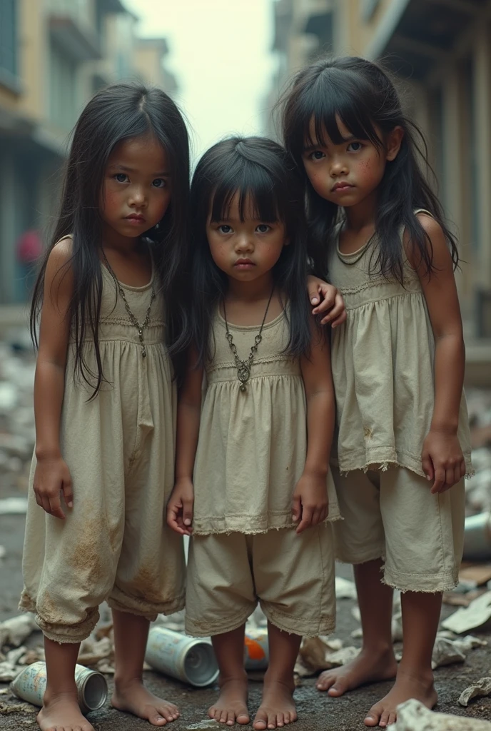 3 girls living on the streets, looking for food in the trash, dirty white clothes from the ground, looking at the camera with an expression of sadness and discouragement, ultra realism