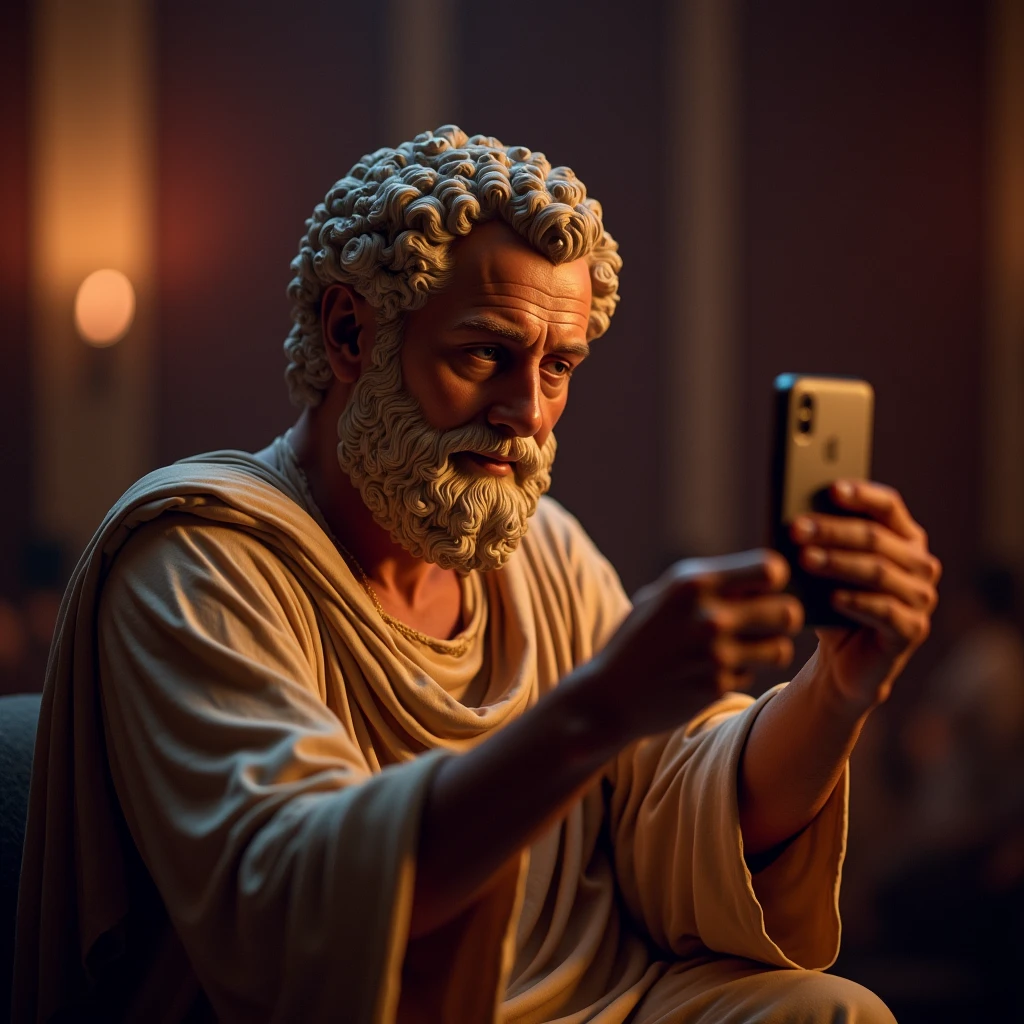 Aristotle, taking a selfie of himself watching the cinema 