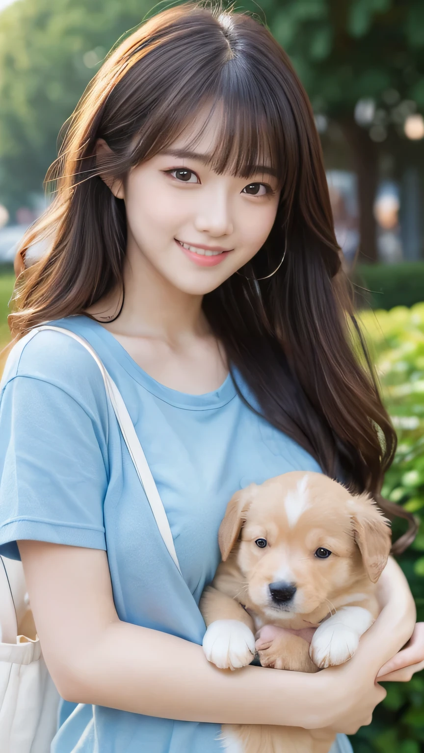 (masterpiece:1.2,Highest quality),Blur the background,1 female college student,((Cute casual clothes)),((Holding a puppy)),Wavy Hair,((Beautiful Eyes)),Blushed,Healthy Skin,(smile),garden,8k resolution