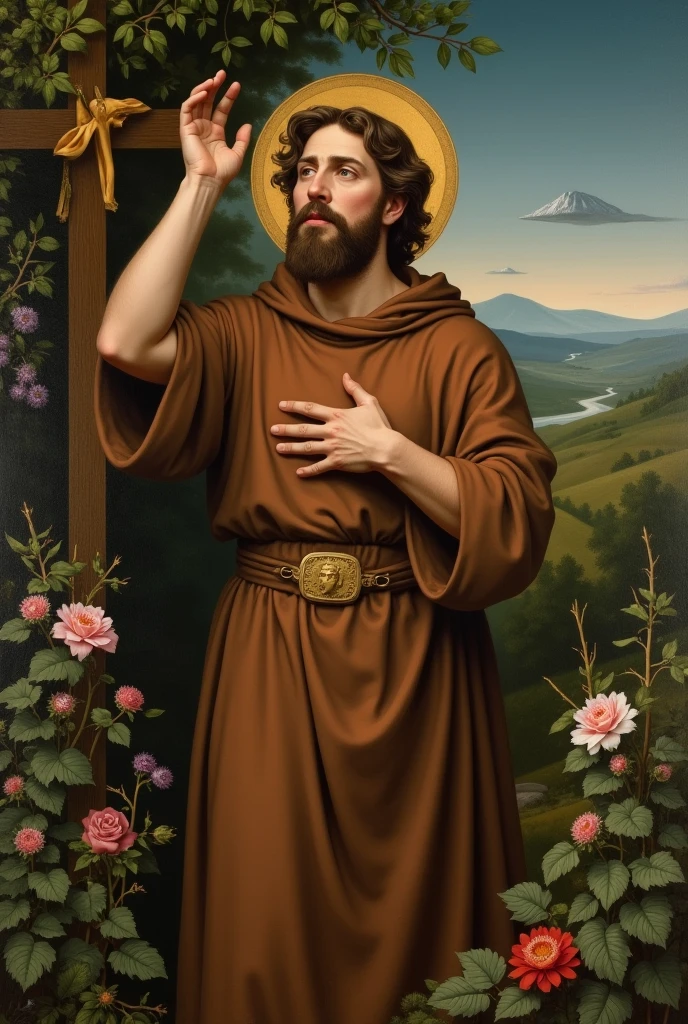 In the image of Saint Francis of Assisi, he is depicted with his right arm extended upwards, holding a crucifix firmly in his hand. This gesture emphasizes his deep devotion to Christ. His left arm and hand are pointed towards his own right chest, a gesture that might symbolize a personal, intimate connection to the divine or the presence of the sacred within himself. Saint Francis is likely dressed in his traditional simple Franciscan habit, underscoring his commitment to humility and poverty. The background may feature natural elements or religious symbols that reflect his deep bond with nature and his spiritual mission.