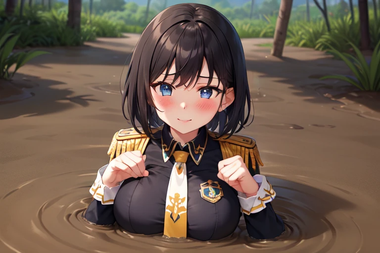 1girl solo, huge breast, black short hair, bangs, blue eyes, military uniform, epaulette, necktie, long sleeve, double breasted, partially submerged, in mud, flooding up to the chest, upper body, seductive smile, (jungle:1.3), from above, hands up, (blush:1.3),