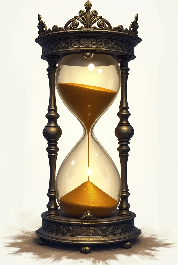 rpg illustration white background A finely crafted hourglass with intricate, ornate details, set against a neutral, slightly textured background. The top half of the hourglass is filled with golden sand that glows softly, representing opportunity and potential. As the sand flows downward, it transitions into a darker, more ominous color, symbolizing the unpredictability and possible dangers of time running out. The frame of the hourglass is made of ancient, weathered metal, with subtle engravings that hint at the passage of time and the inevitability of change. The hourglass stands upright, perfectly balanced, capturing the essence of fate and the cyclical nature of events.