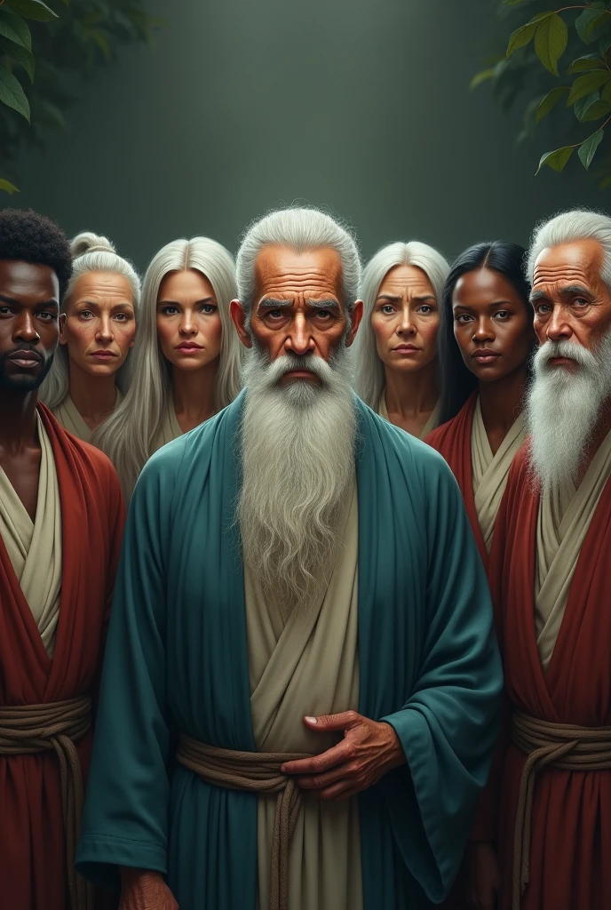 Seven wise elders, representing different ethnicities, are arranged in a harmonious semicircle. Three of these wise men are elderly women, while among men, one is black and the other is Asian. Their serene expressions reflect the cultural diversity and the profound wisdom acquired throughout their lives.. At the center, a man with a mysterious and charming appearance stands out, his long, well-groomed white beard and his face marked by wrinkles that tell stories of vast knowledge. Her clear eyes emanate an almost mystical serenity, as if they were hiding the secrets of the universe. All are dressed in simple robes, mas elegantes, that accentuate its aura of mystery and wisdom. The background is enigmatic, evoking an atmosphere of mystery and depth, suggesting a place where ancestral knowledge is carefully preserved and transmitted. The image should have a horizontal orientation, with dimensions of 1920 x 1080.
Remember that there should be seven characters