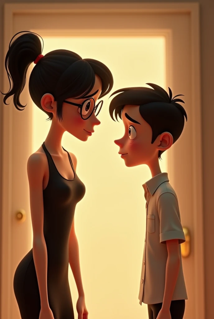 Thin woman, wearing glasses and extremely short hair dumping a skinny younger boy with short hair and a silly face and crying. everything in the Pixar style
