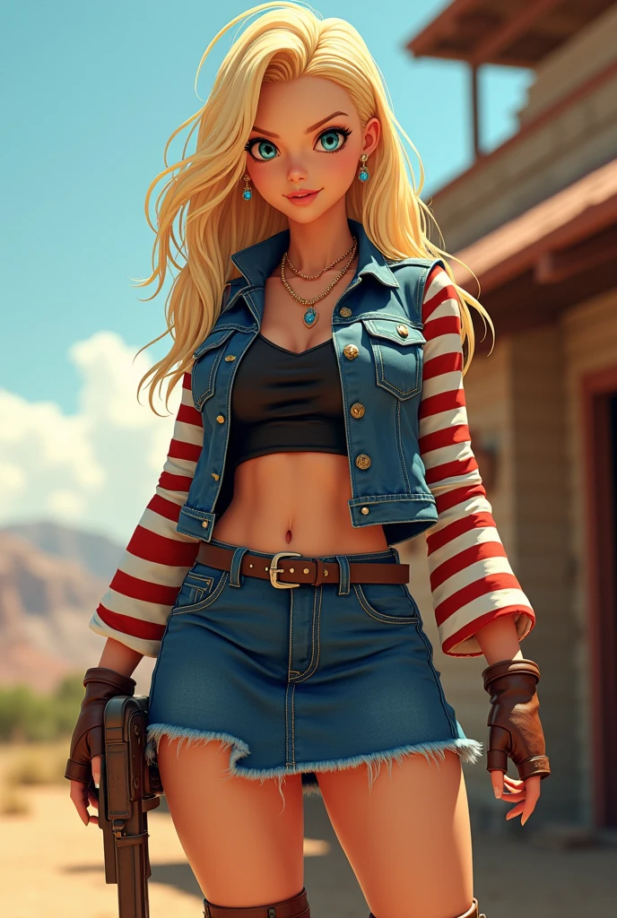 (cowboyshot: 1.2), (ANDROID_18, AND18(dragon ball z), (finely detailed beautiful eyes and detailed face), (face through thigh: 1.4), (knee shot: 1.2), blonde hair, solo, lady, (beautiful background), :), dynamic angle, blue eyes, light face, sunlight, (bright face: 1.2), very wide hips, very thick thighs, full body shot, solo, blonde hair,  blue eyes, short hair, earrings, jewelry, denim vest, open vest, (black shirt), denim skirt, (long striped sleeves), blue skirt, brown cowboy boots