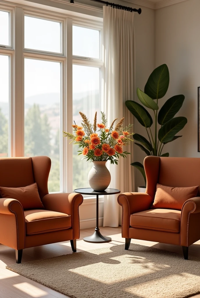Create a living room with two armchairs, a rug and a side table with a flower vase 