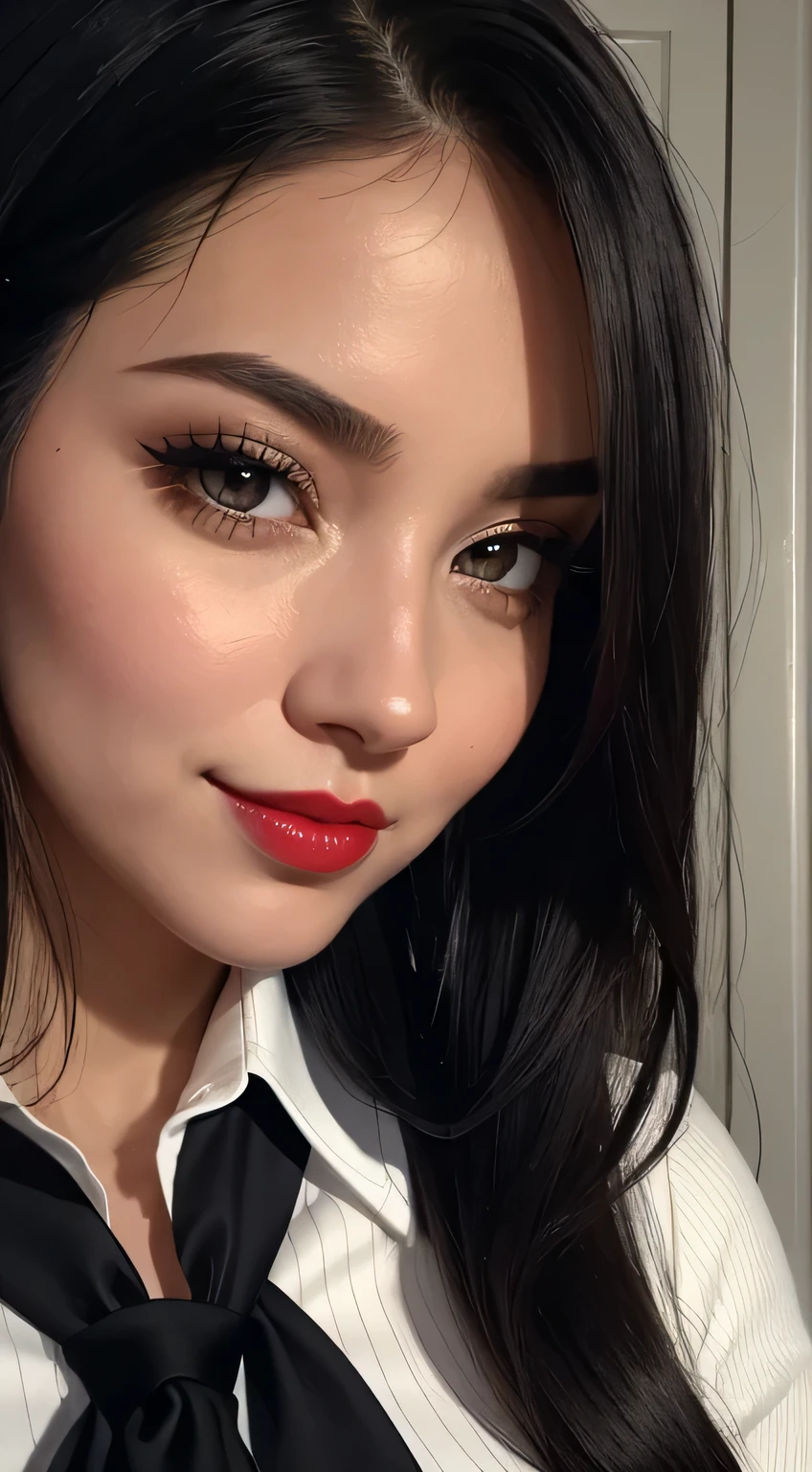 Amazing portrait of a woman who is 30 years old and an adult and a sexy coworker with her black hair in a long ponytail with seductive and charming eyes and her mouth parted in a seductive and dazzling smile with a very deep blush and the tip of her nose is red wearing a white shirt and blue striped tie layered with a red sweater and paired with a black miniskirt during night time with soft lighting showcasing her red lips and her beautiful face in detail and close up