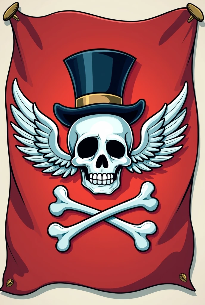 Pirate flag with two bones and a skull with wings like an angel in a cartoon drawing and top hat