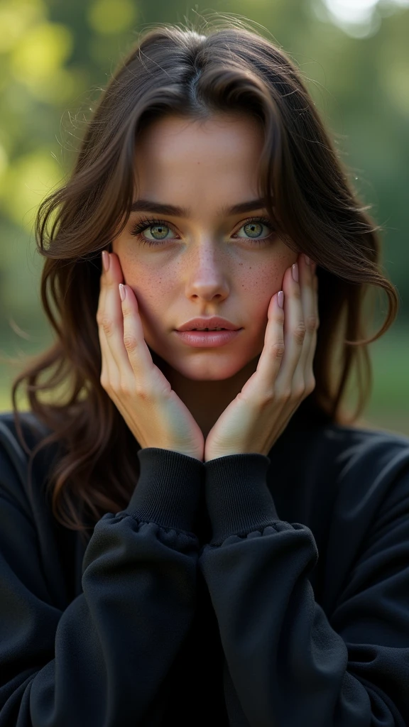 work of art, photorrealistic:1.4, extremely complex:1.3, radiosity, photon mapping, dtx, 8k), ((((with hands on face, , closeup, black sweatshirt, humid, [medium breasts:breasts big:0.8])), humid, [skin-detail:freckles:0.7], naturals, female supermodel, age 26), beautiful garden, ((trees and light)))
