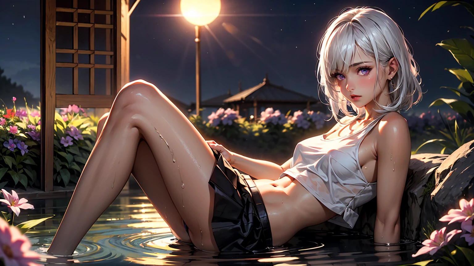 realistic, 1girl, white hair, purple eyes, glowing eyes, crop top, skirt, parted lips, blush, night, flowers, sun, sunlight, wet, naked girl,