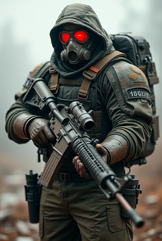 Soldier, muscular, angry, gasmask with red glasses, holding automatic gun, m4
