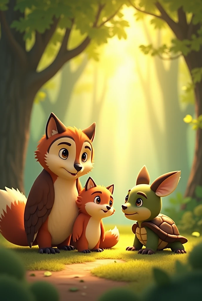 Need provide animated picture "Visualize the animals (owl, fox, and turtle) coming together to teach Milo the importance of kindness and teamwork.