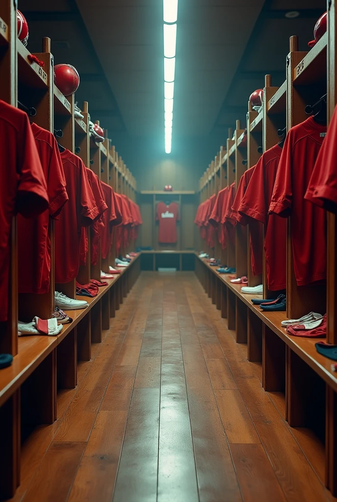 An empty luxury football locker room, with wooden benches, uniforms hanging up and a heavy silence in the air. The lighting is soft and diffuse, suggesting that the space has recently been vacated after a decisive match. Realista,cinematic, 8k 