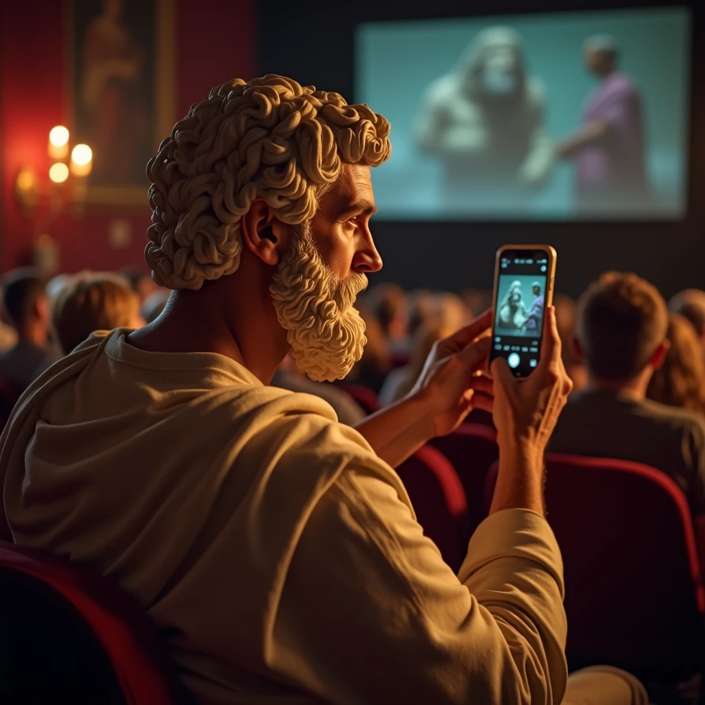 Aristotle, taking a selfie of himself watching the cinema