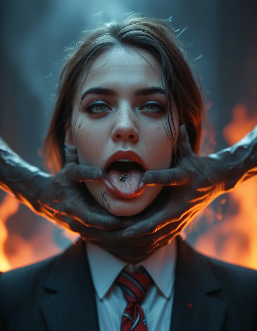 a drawing of a woman with a balaclava covering her eyes, and a tie around her neck, trending on deviantart, given, with her mouth open with her tongue pierced, alternative album cover, dark metal art only, deadly fists, dark illustration , strangled with rope, dark surreal art, silent, anatomically correct, super detail, high details, highres, 4K