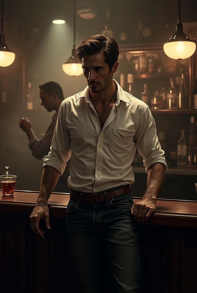 1920’s noire make bartender of a speakeasy jeans and a button up shirt 
