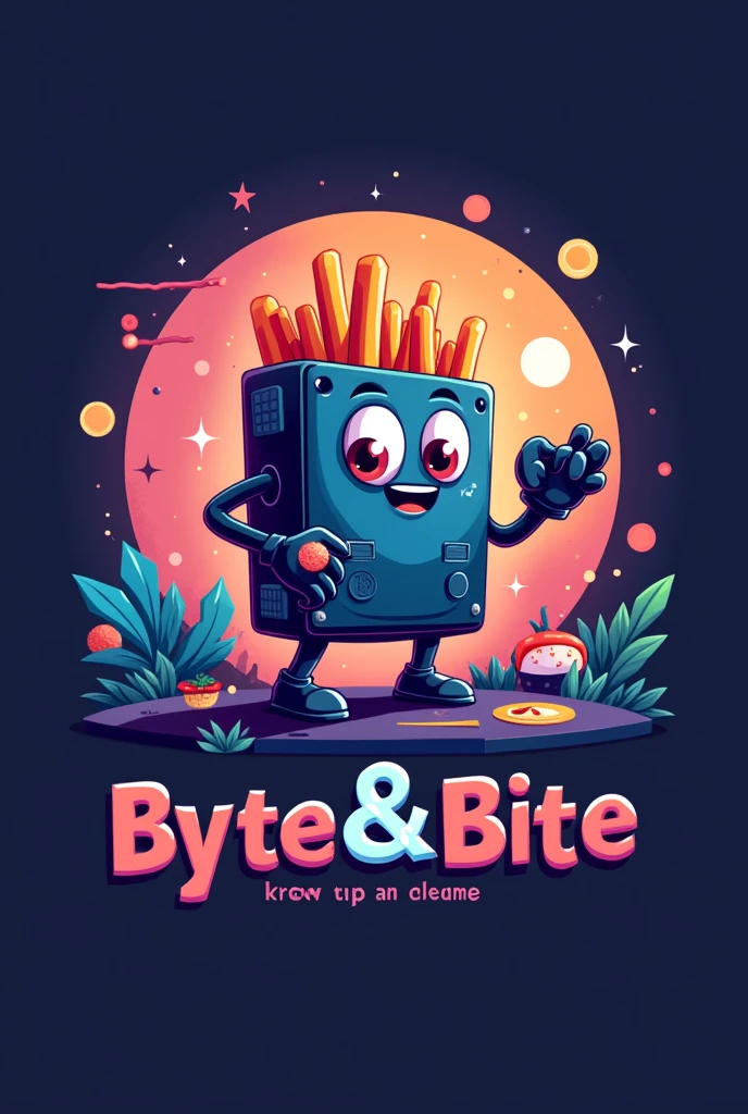 create a logo with the name Byte&Bite With vibrant colors, that represents food and games