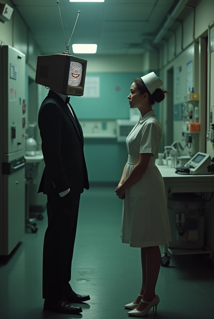 Thin man in an elegant suit with a television head, and on the screen a smile and eyes shaped like static, talking to a nurse friend 