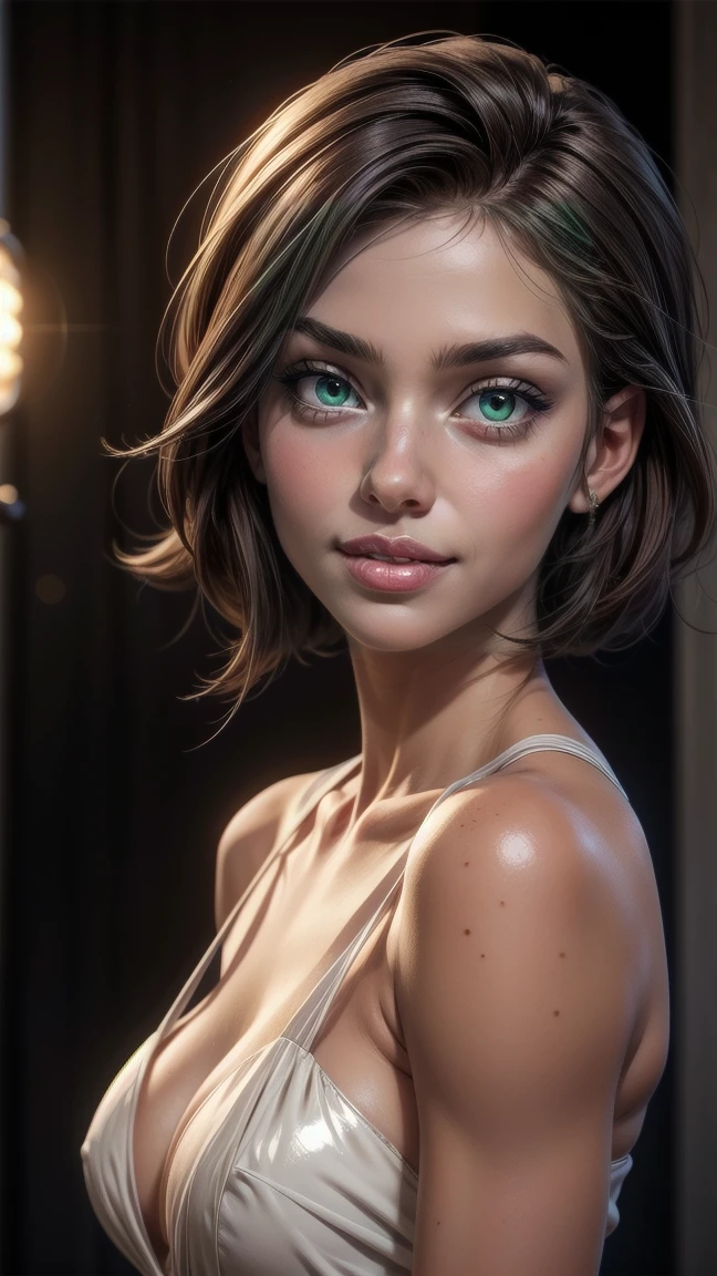 (UHigh definition, retina, work of art, precise, anatomically correcte, texturized skin, super detaill, High details, high qualiy, best qualityer, high resolution, 1080P, High definition, 4K, 8k, 16K), (beautiful detailed blue eyes, beautiful detailed lips, extremely detailed eye and face), studio lighting, Physically based rendering, bright coloured, (big and y brelamorous body), (see through the dress), (portraite, sidecut, shiny hair, shining skin, blush), (bokeh), eye reflection,, dark atmospher, high detailed skin texture, extremely details, perfect chest, dark tanned skin, freckles,, ultra detailed skin texture, gentle lights,pale skin, cups