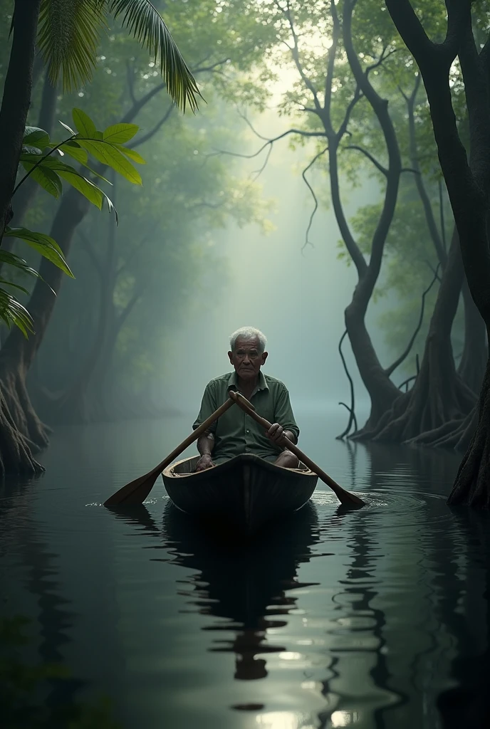 ( photo realism 1.2) photo realistic high detailed old Malay male at mangrove swamp paddling dugout canoe cinematic view dramatic view morning mode fogs effect pandanus tree sunlight effect view of black water lepironia articulate pandanus helicopus