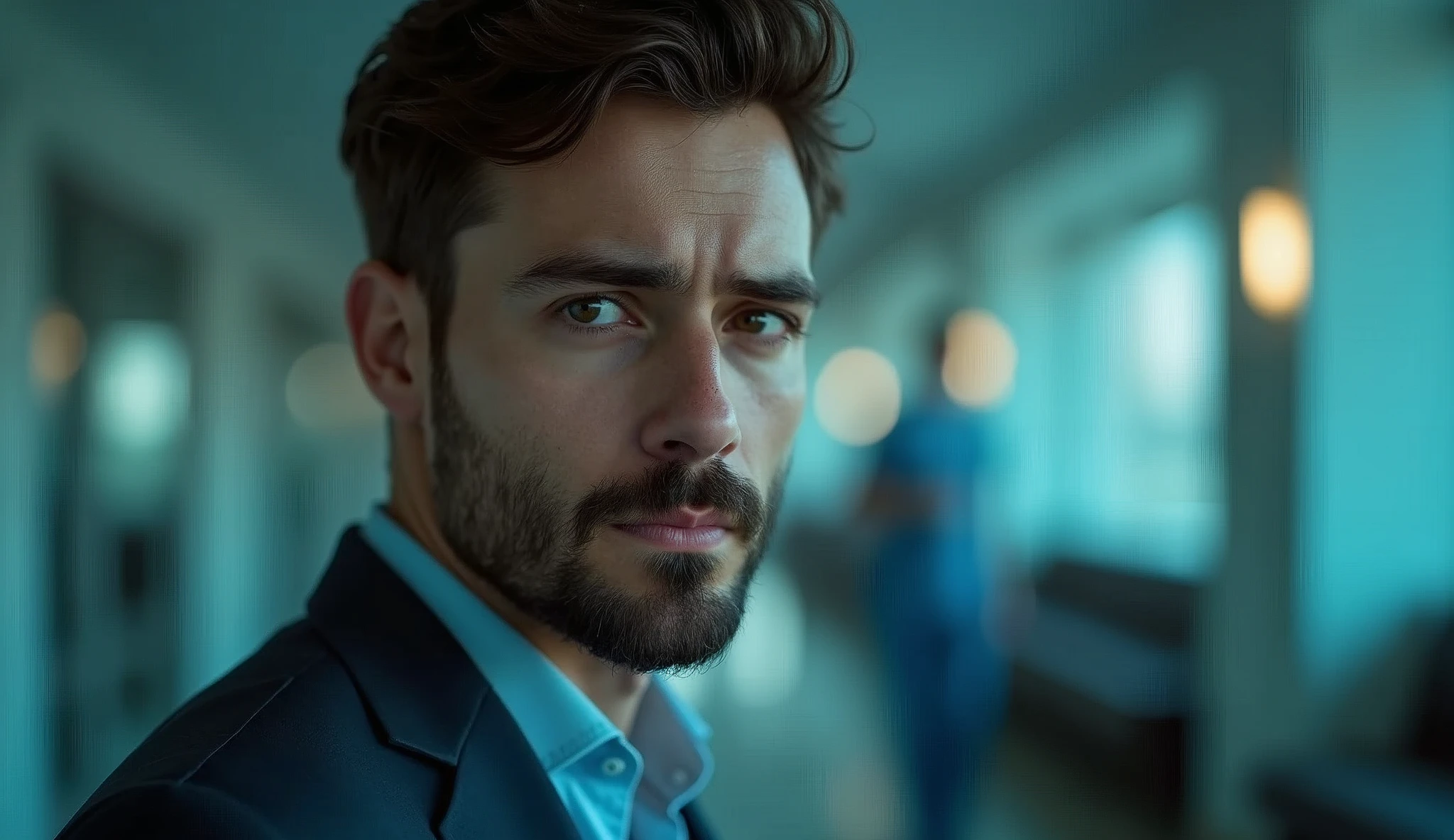 Portrait of a 35-year-old adult man with a youthful appearance, with himself as the main subject. He should have short, slightly wavy dark brown hair and a sparse beard evenly distributed across his face, as well as a serious, worried expression, looking directly at the camera. He is in an indoor environment, suggesting a hospital waiting room, with cool artificial lighting, creating a soft effect that creates diffuse shadows that highlight the texture of the skin and the brightness of the eyes, as well as emphasizing the angular features of the face. He is dressed in a dark gray dress shirt. The background should be wide and blurred, giving a tone of depth, focusing on the main subject, and should suggest movement of ordinary people and doctors, with points of light in a bokeh effect, suggesting the lights and fixtures of the hospital. The image should convey an introspective feeling, with a touch of mystery and contemplation. The photograph should capture extreme detail, with high-quality rendering in 8k, while maintaining the serene and enigmatic atmosphere. High quality photography, 8k rendering, extreme detail, realistic portrait, introspective atmosphere, soft and diffuse lighting, artificial light.