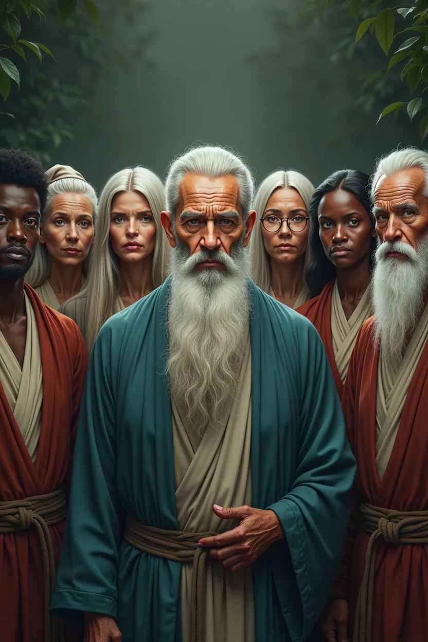 Seven wise elders, representing different ethnicities, are arranged in a harmonious semicircle. Three of these wise men are elderly women, while among men, one is black and the other is Asian. Their serene expressions reflect the cultural diversity and the profound wisdom acquired throughout their lives.. At the center, a man with a mysterious and charming appearance stands out, his long, well-groomed white beard and his face marked by wrinkles that tell stories of vast knowledge. Her clear eyes emanate an almost mystical serenity, as if they were hiding the secrets of the universe. All are dressed in simple robes, mas elegantes, that accentuate its aura of mystery and wisdom. The background is enigmatic, evoking an atmosphere of mystery and depth, suggesting a place where ancestral knowledge is carefully preserved and transmitted. The image should have a horizontal orientation, with dimensions of 1920 x 1080.

Remember that there should be seven characters
