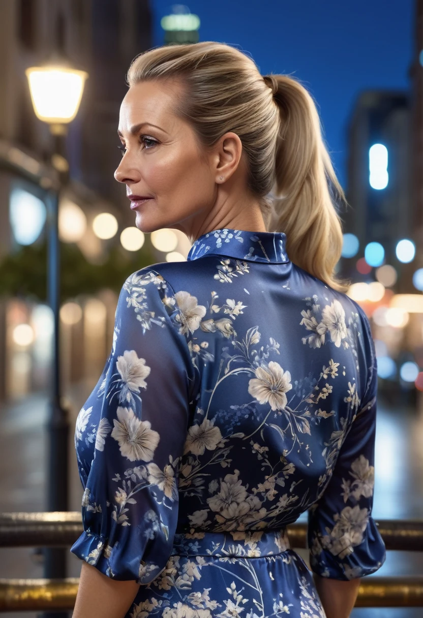 Close-up, 8K quality, realistic image of a beautiful 45 year old European woman with long blonde hair tied back in a ponytail. She had a curvy body with slightly larger breasts and was wearing a blue floral patterned blouse and a short skirt. He stood in the city at night, with the soft city lights illuminating him. The background features city buildings, street lights, and a lively night scene, highlighting its calm and elegant presence in the urban environment.