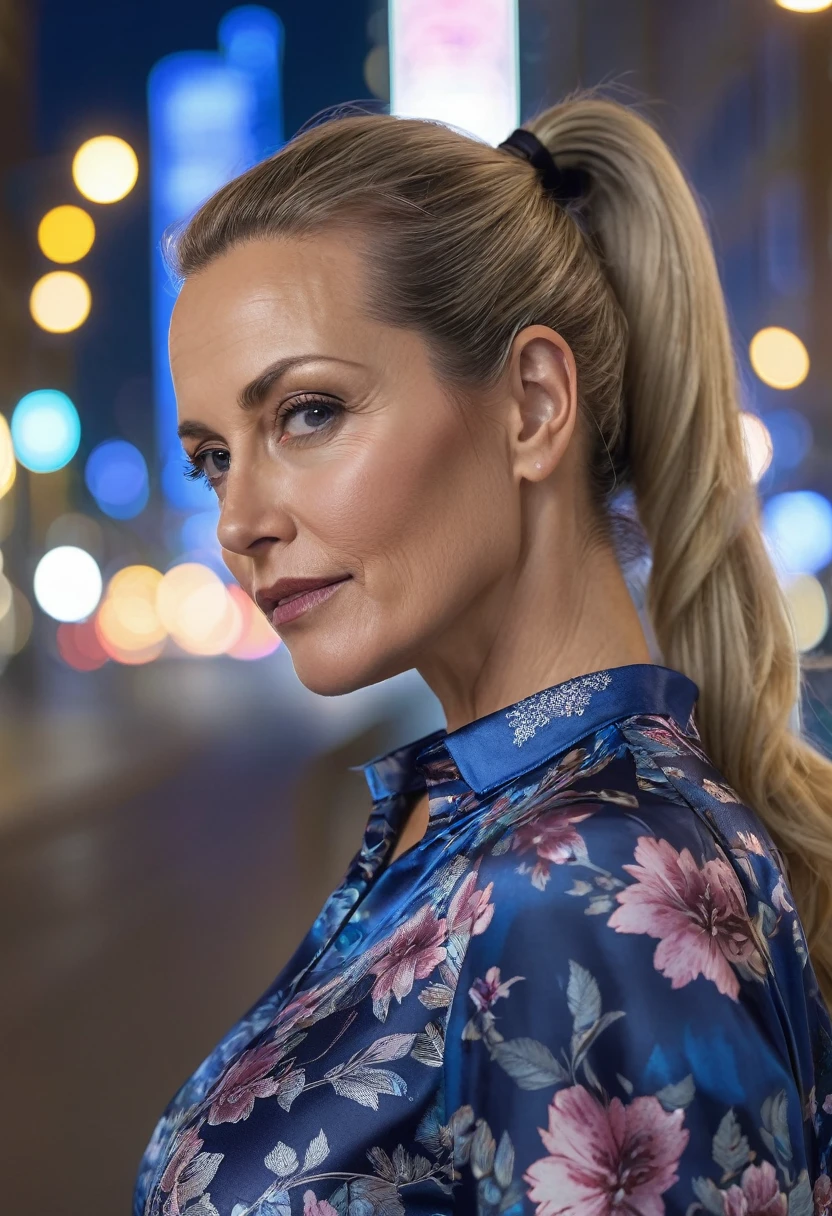 Close-up, 8K quality, realistic image of a beautiful 45 year old European woman with long blonde hair tied back in a ponytail. She had a curvy body with slightly larger breasts and was wearing a blue floral patterned blouse and a short skirt. He stood in the city at night, with the soft city lights illuminating him. The background features city buildings, street lights, and a lively night scene, highlighting its calm and elegant presence in the urban environment.